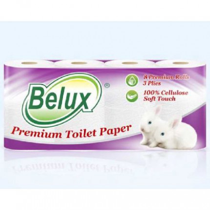 Туалетная бумага в рулонах Belux 3 сл., 8 рул., 18 м., 150 л., белая
